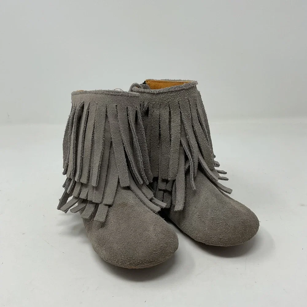 Monkey Feet Kids Gray Suede Fringe Ankle Boots Size 18-24 Months Boho Zipper